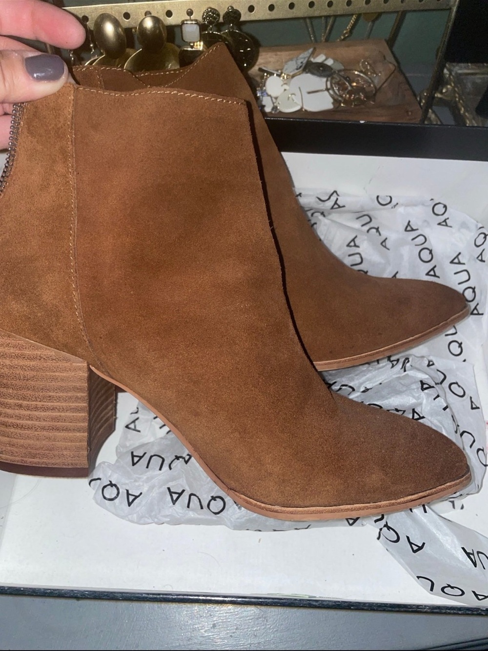 Aqua Tan Suede Pointed Toe Block Heel Ankle Boots